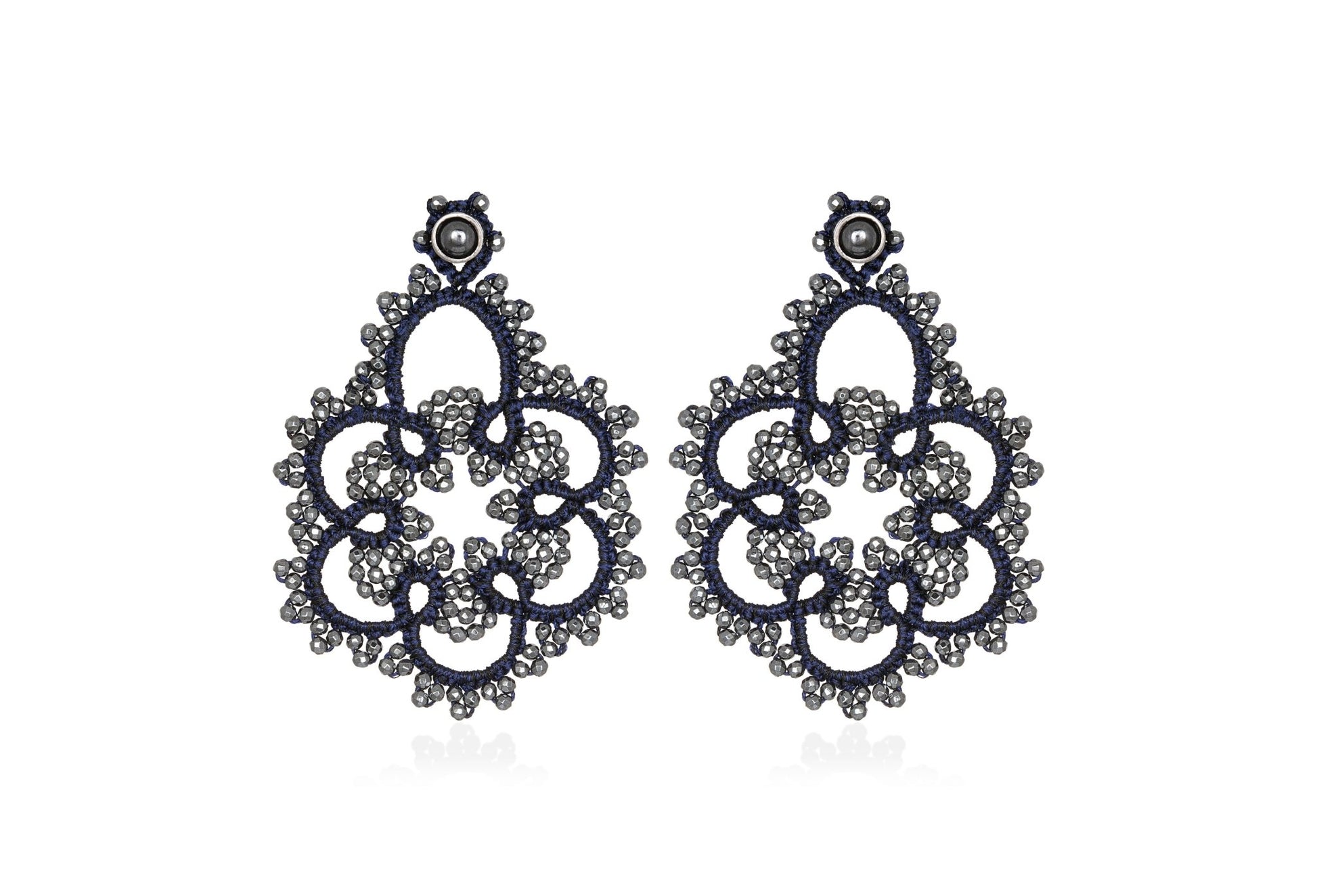 Flower handcrafted gemstone lace earrings navy blue grey