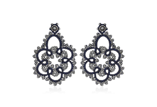 Flower handcrafted gemstone lace earrings navy blue grey