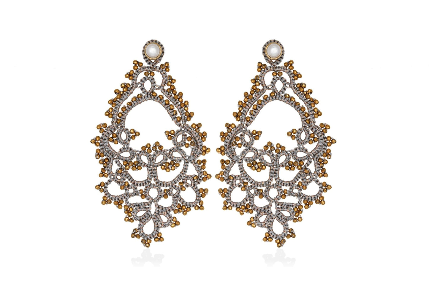 Godiva handcrafted gemstone lace earrings grey gold