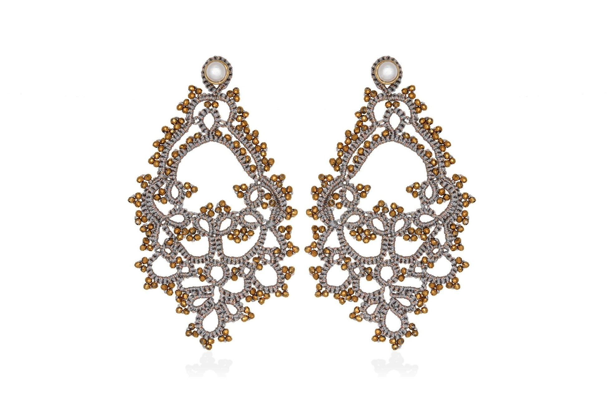 Godiva handcrafted gemstone lace earrings grey gold