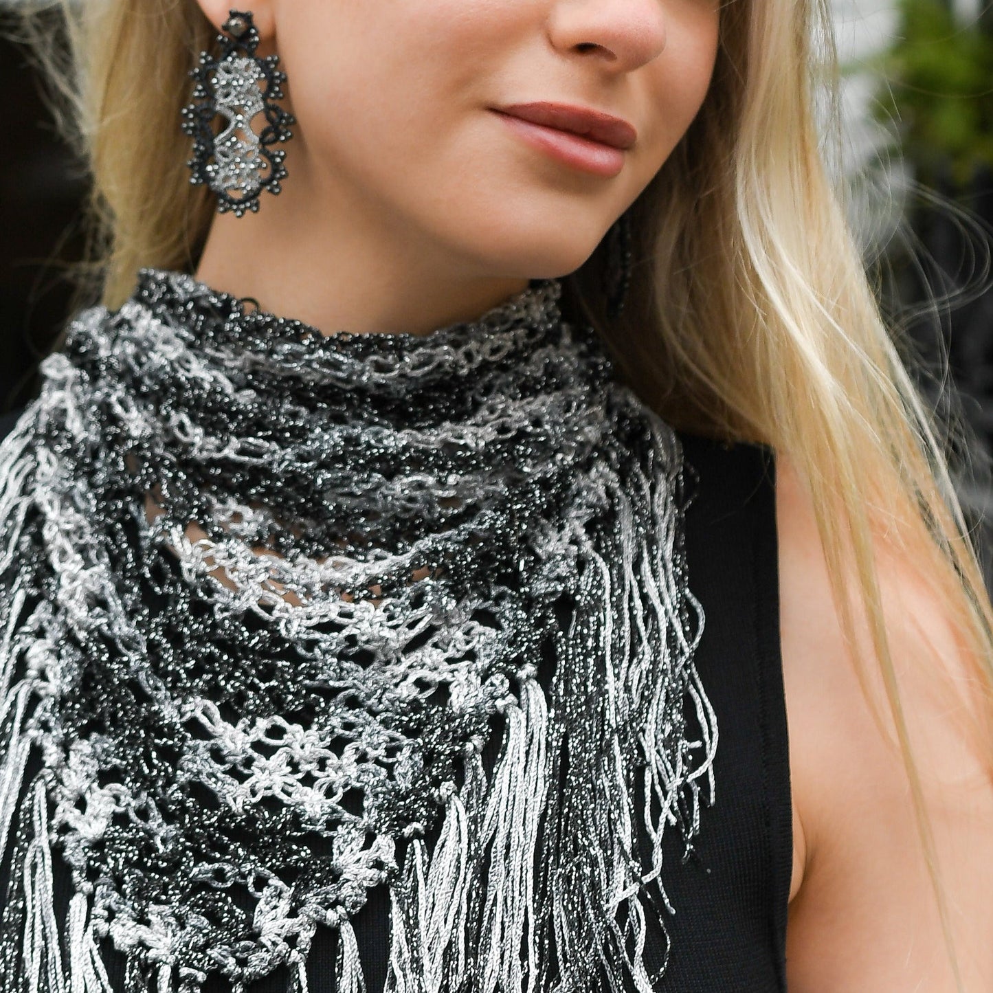 View of hand-crocheted scarf/neck accessory  being worn