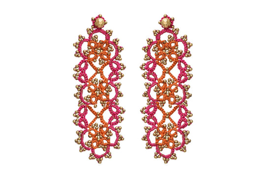 Contessina Lace JewelleryVintage Art Deco bi - tone large lace earrings, fuchsia orange gold