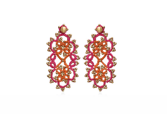 Contessina Lace JewelleryVintage Art Deco bi - tone small lace earrings, fuchsia orange gold