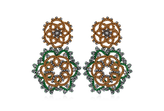 Contessina Lace JewelleryVintage Bloom bi - tone lace earrings, brown green dark grey