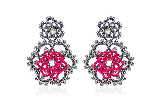 Contessina Lace JewelleryVintage Bloom bi - tone lace earrings, dark grey fuchsia silver