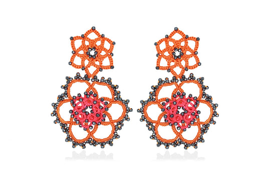 Contessina Lace JewelleryVintage Bloom bi - tone lace earrings, orange fuchsia dark grey