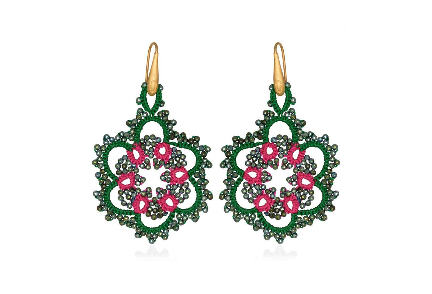 Vintage Flower handcrafted gemstone earrings emerald green fuchsia