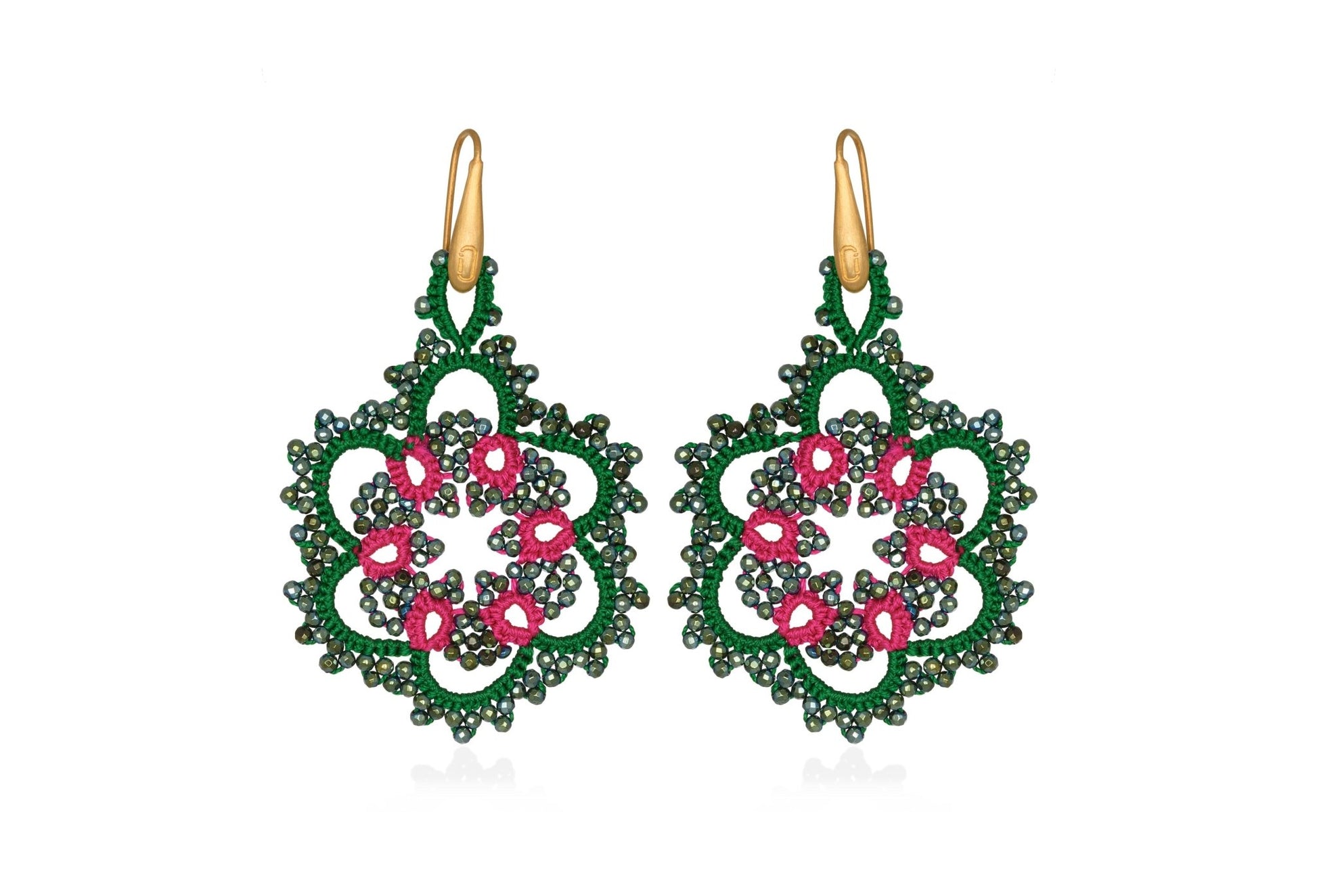 Vintage Flower handcrafted gemstone earrings emerald green fuchsia