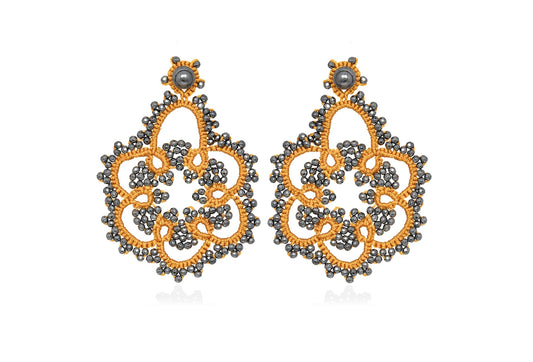 Contessina Lace JewelleryVintage Flower lace earrings, mustard yellow dark grey