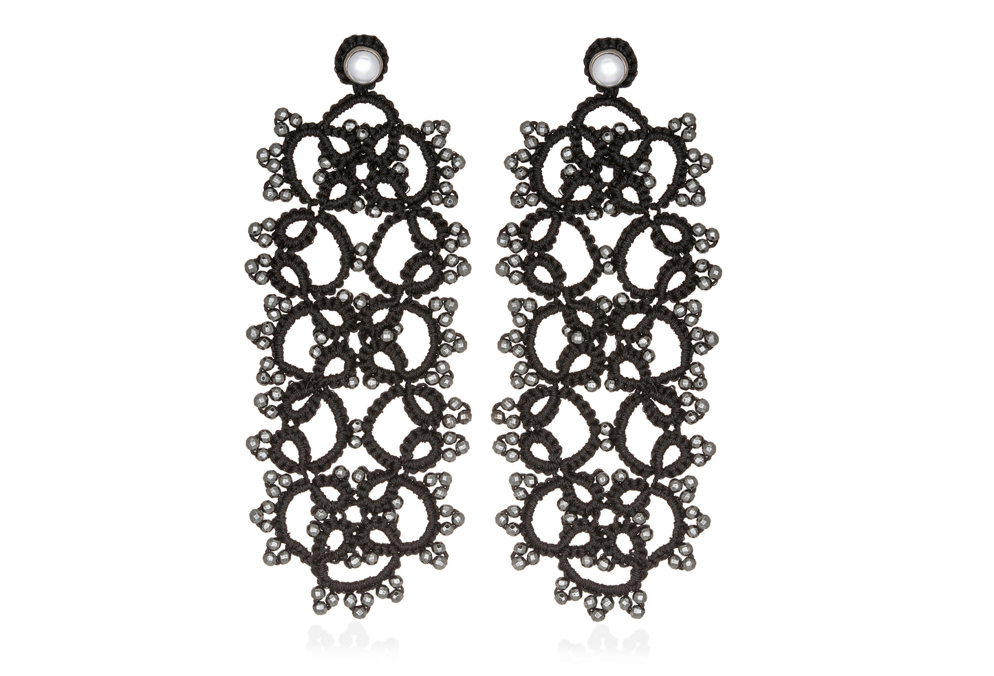 Art Deco large lace earrings, black dark grey