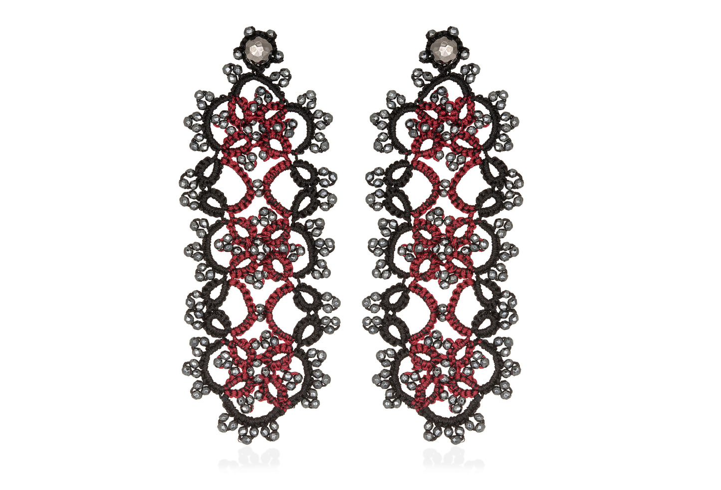 Art Deco bi-tone large lace earrings, black bordeaux dark grey