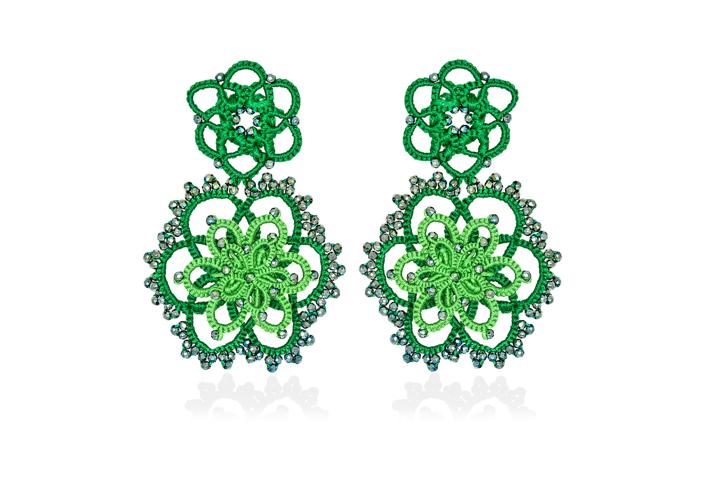 Vintage Bloom bi-tone lace earrings,  green dark grey