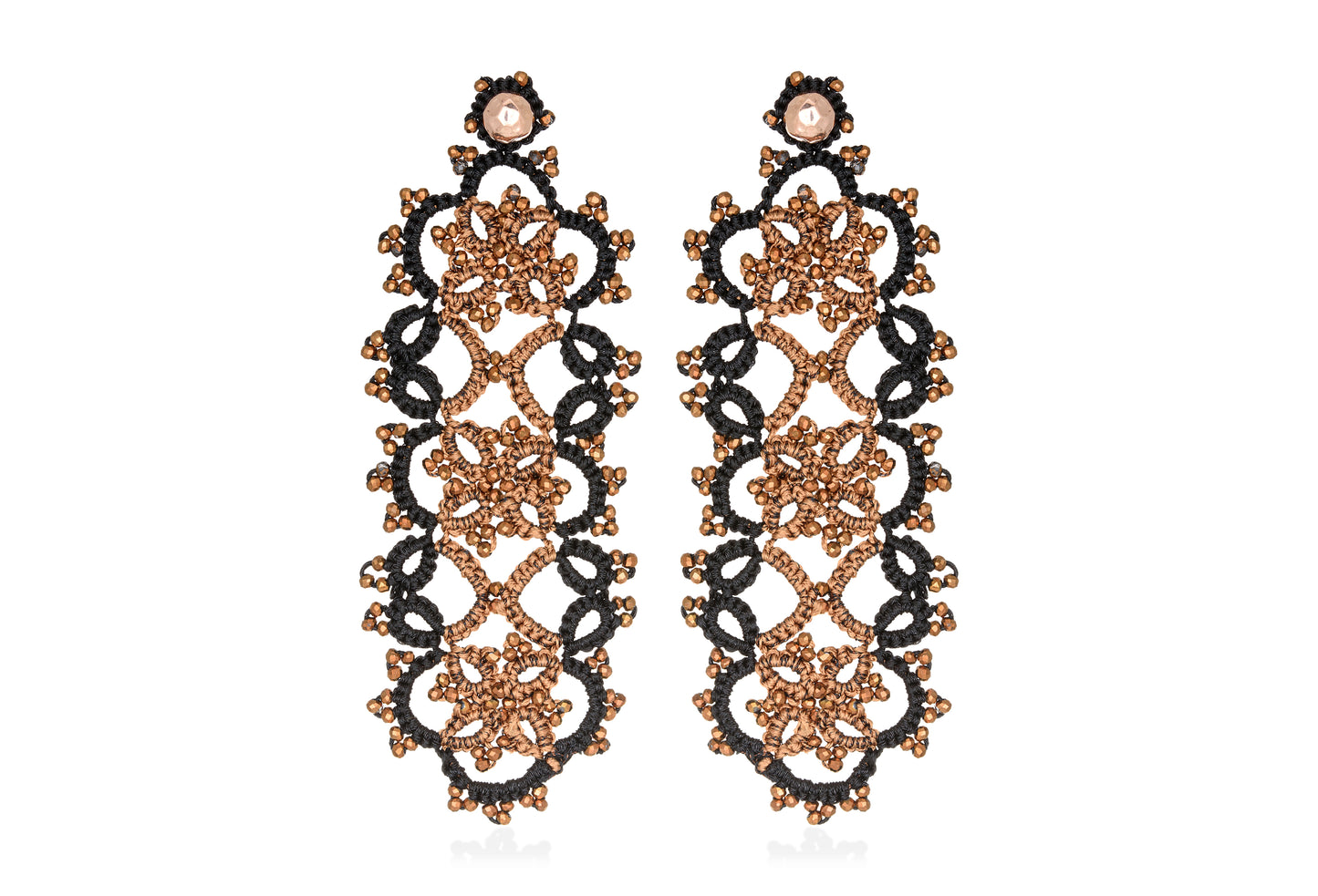Art Deco bi-tone large lace earrings, black bronze