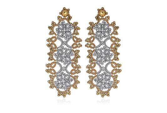 Art Deco bi-tone large lace earrings, silver gold