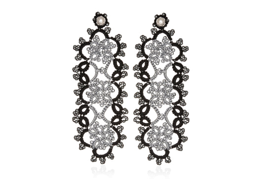 Art Deco bi-tone large lace earrings, black silver dark grey