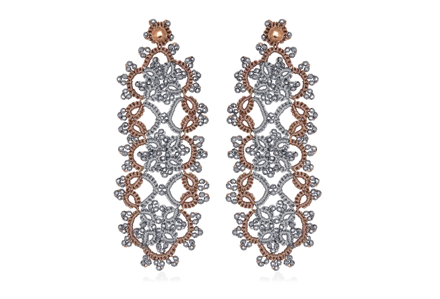 Art Deco bi-tone large lace earrings, silver rose gold