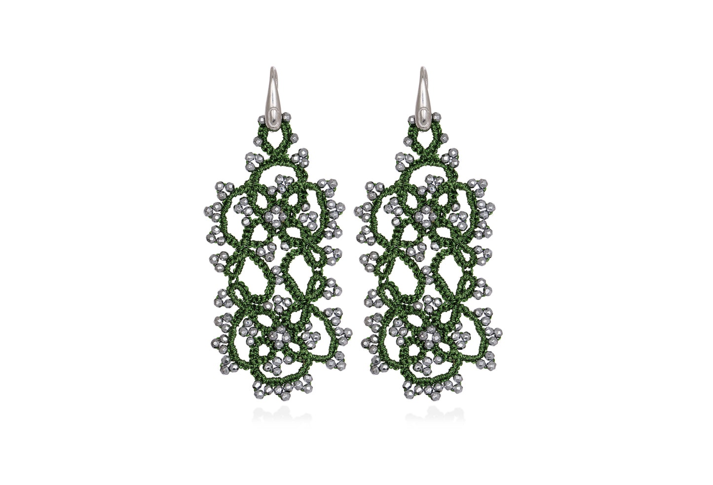 Art Deco small lace earrings, festive green silver