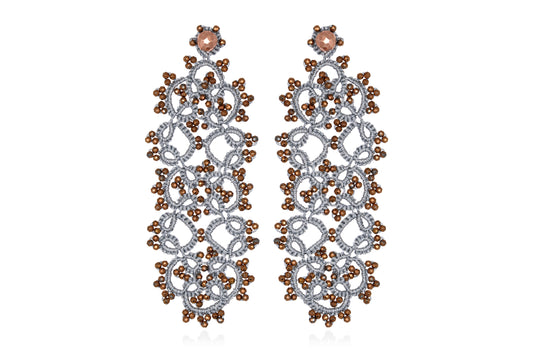 Art Deco bi-tone large lace earrings, silver copper