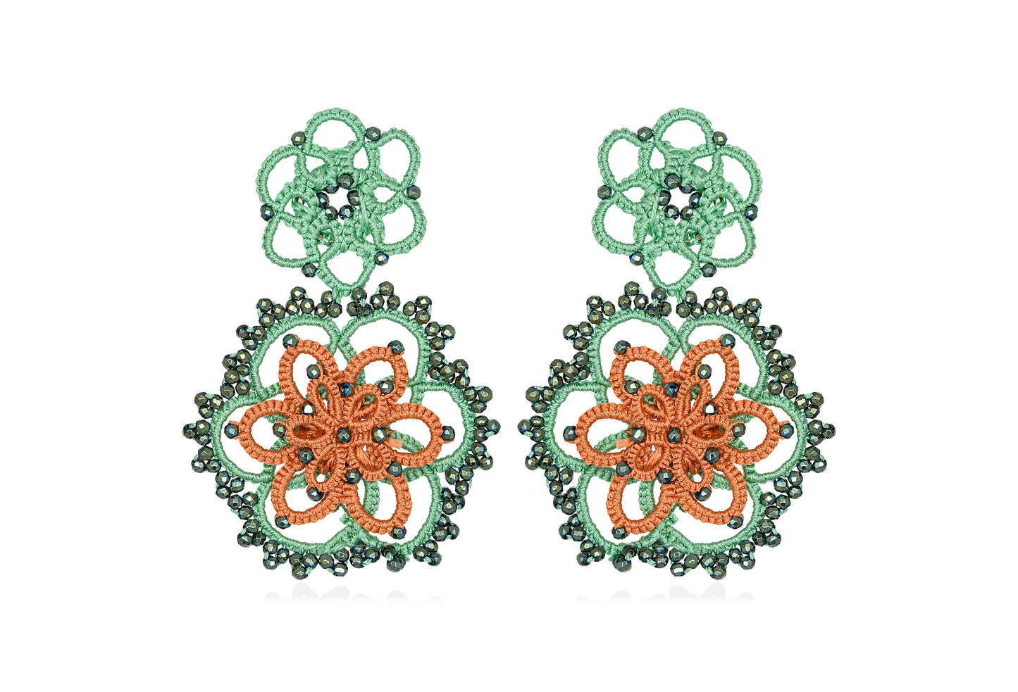 Vintage Bloom bi-tone lace earrings, green orange dark grey