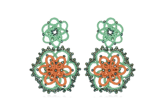 Vintage Bloom bi-tone lace earrings, green orange dark grey