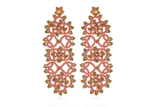 Art Deco large lace earrings, peach gold