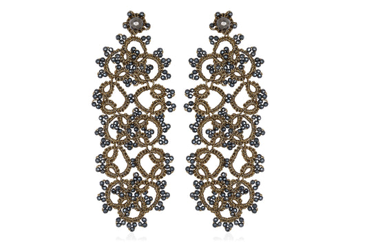 Art Deco large lace earrings, antique gold dark grey