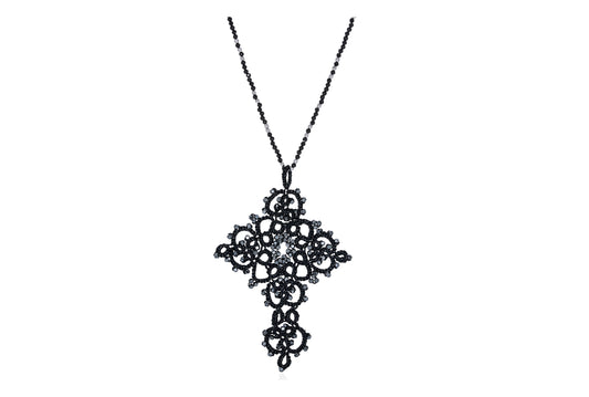 Cross lace pendant, black silver