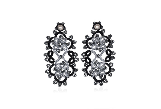 Art Deco bi-tone small lace earrings, silver black dark grey