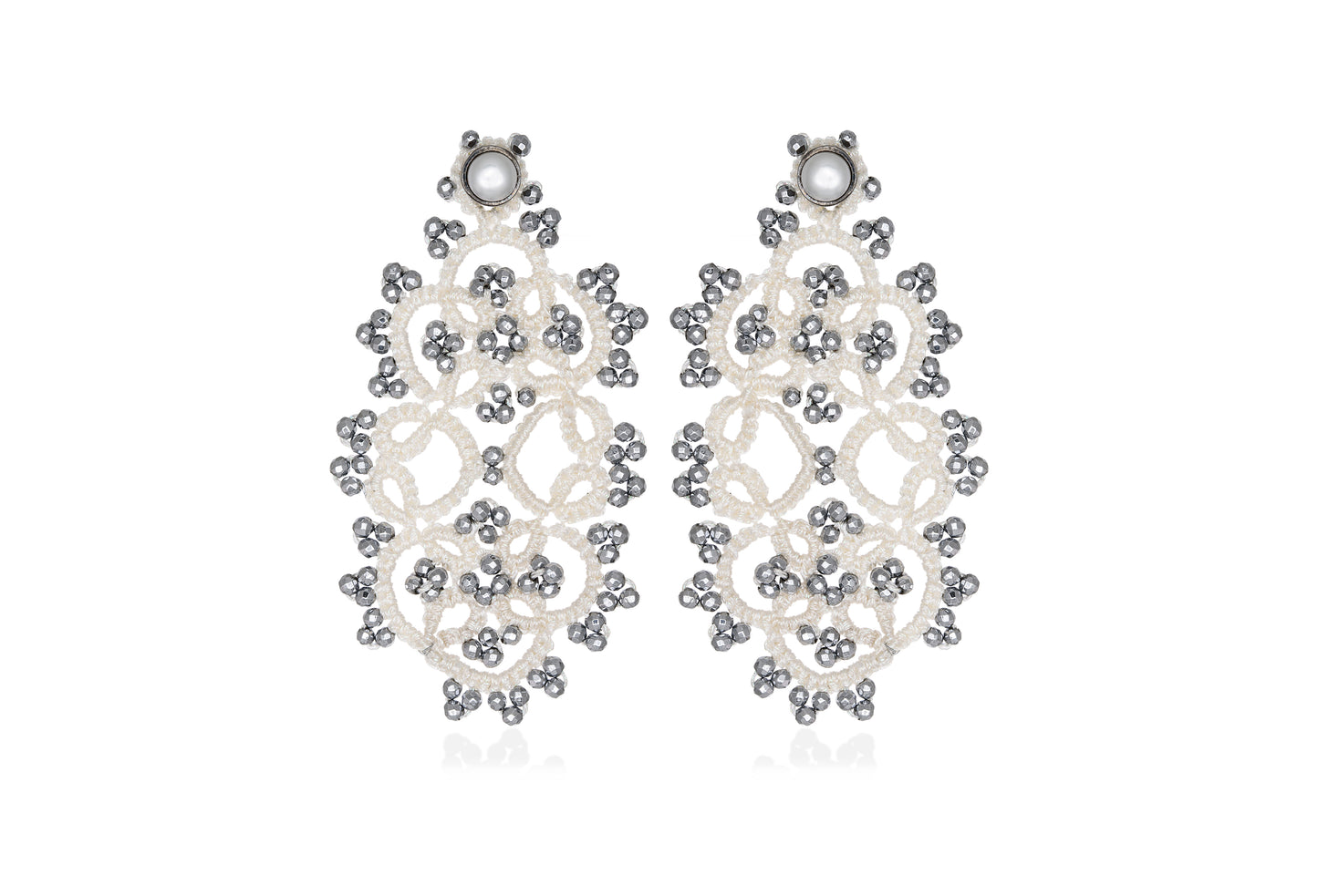 Art Deco small lace earrings, white dark grey