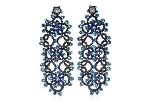 Art Deco bi-tone large lace earrings, black midnight blue
