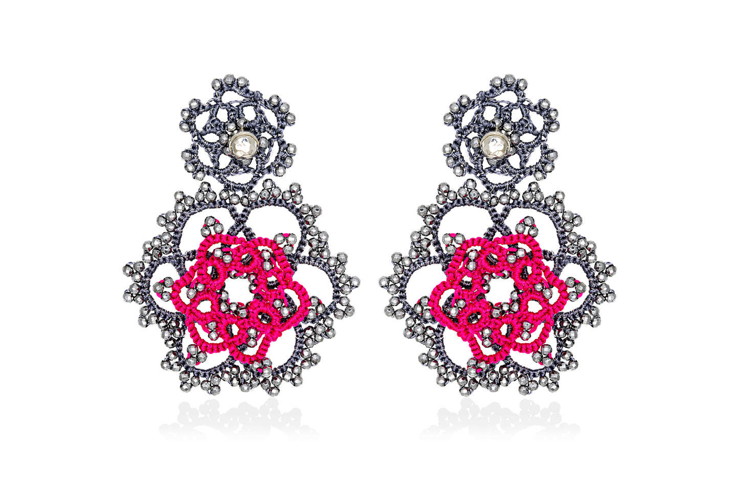 Vintage Bloom bi-tone lace earrings, dark grey fuchsia silver