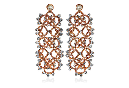 Art Deco large lace earrings, rose gold silver