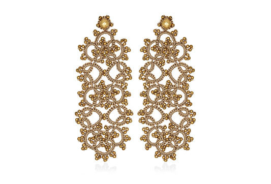 Art Deco large lace earrings, gold