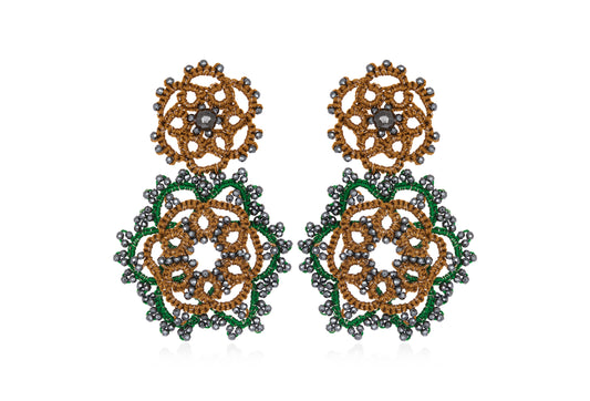 Vintage Bloom bi-tone lace earrings, brown green dark grey