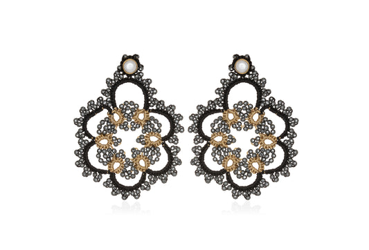 Flower bi-tone lace earrings, gold black dark grey