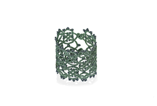 Art Deco large lace bracelet, olive green dark grey