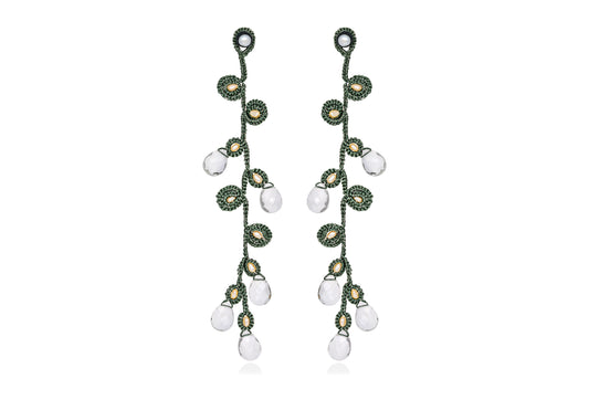 Afthonia lace earrings, olive green crystal