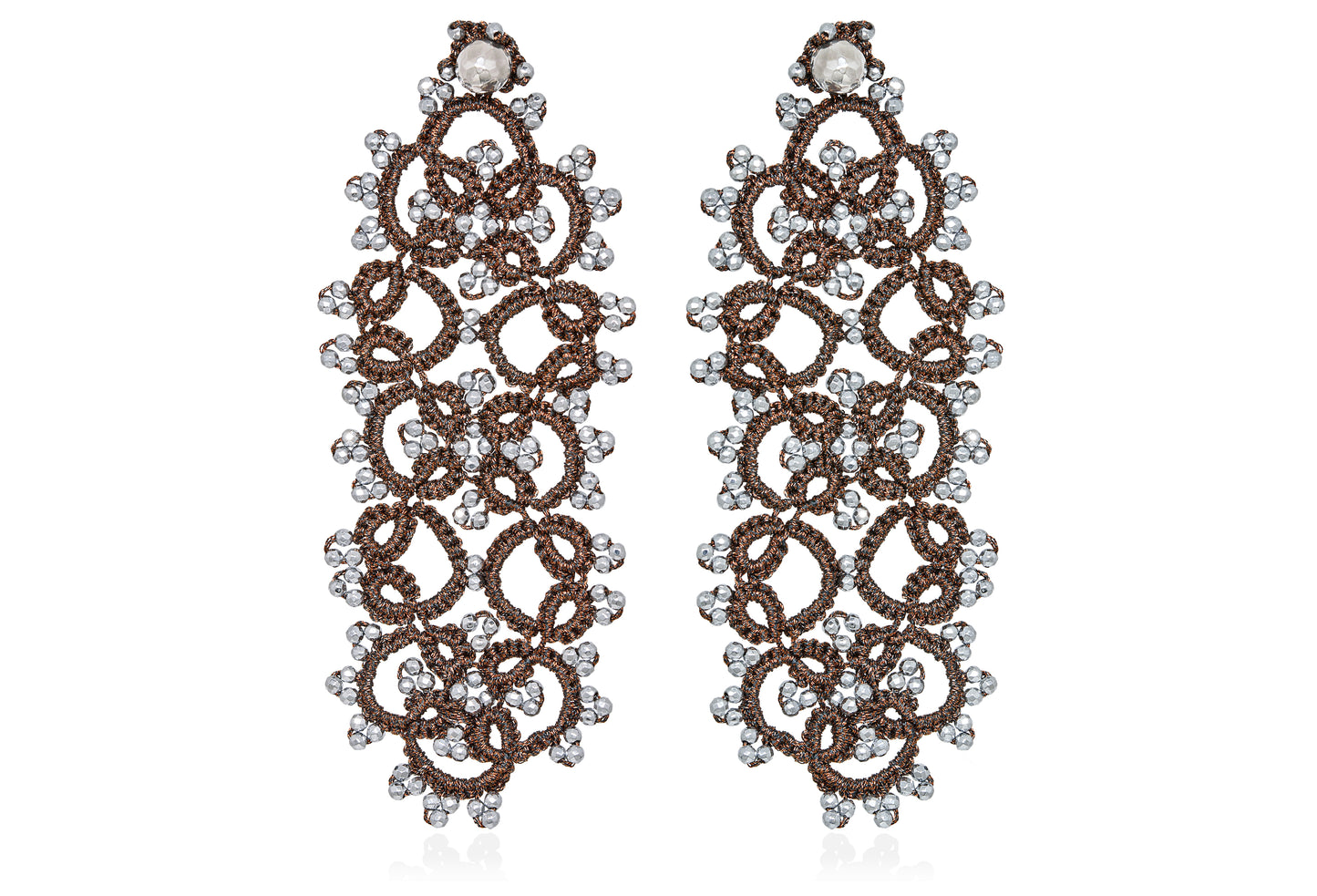 Art Deco large lace earrings, bronze silver