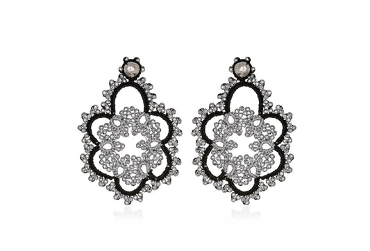 Flower bi-tone lace earrings, black silver