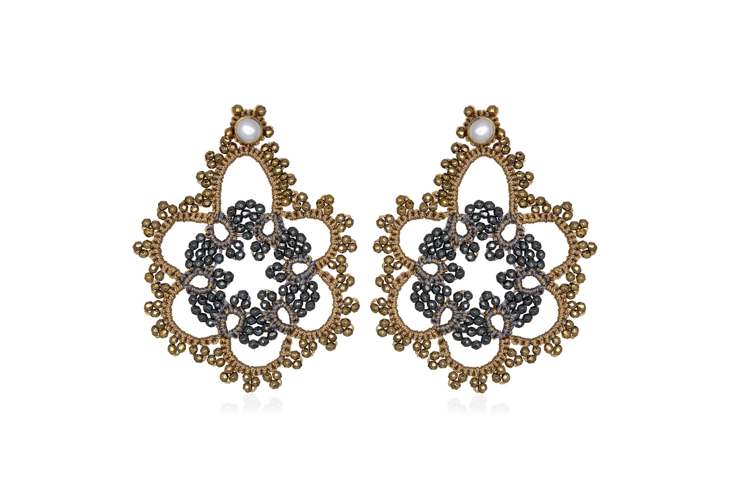 Flower bi-tone lace earrings, gold dark grey
