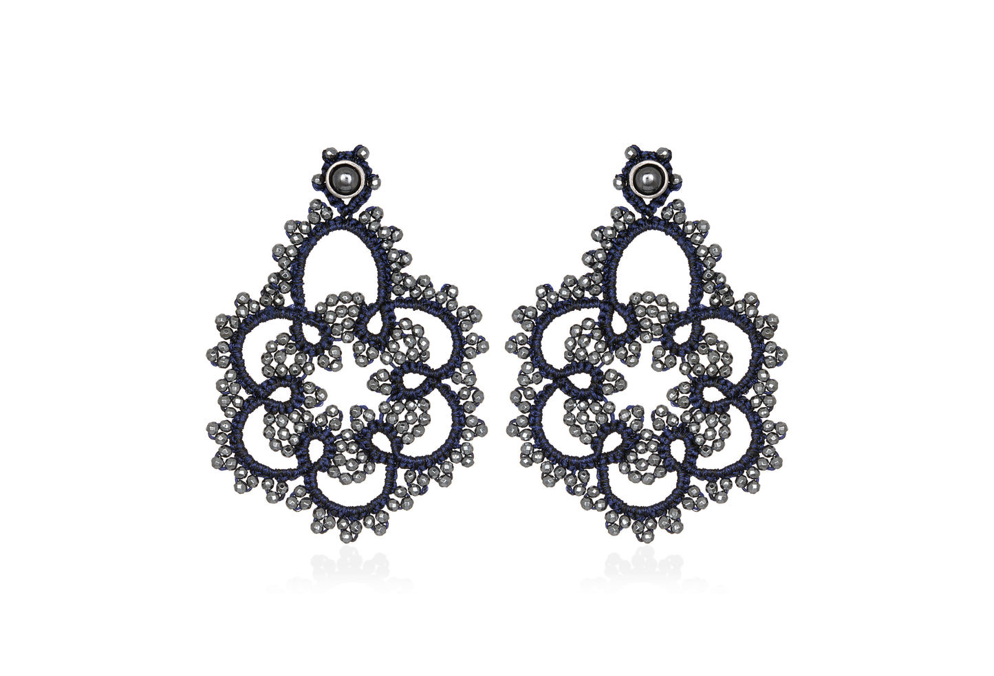 Flower lace earrings, navy blue dark grey