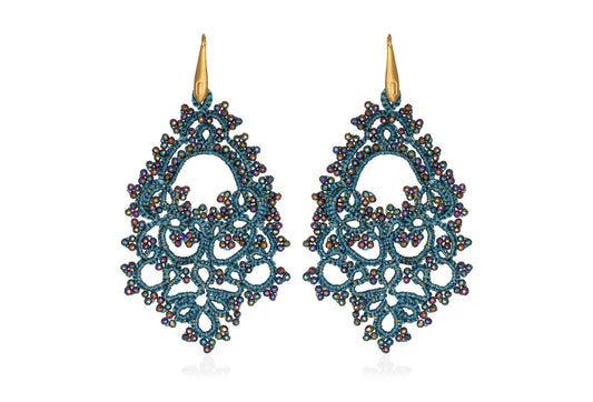 Godiva lace earrings, aqua blue rainbow