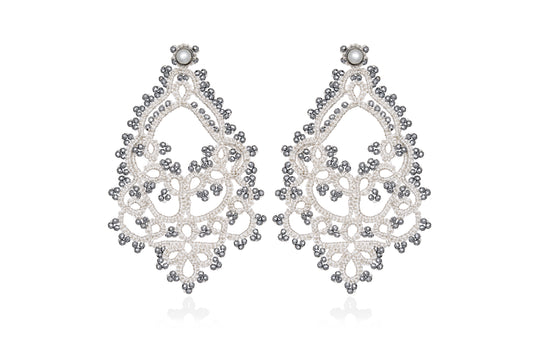 Godiva lace earrings, white silver