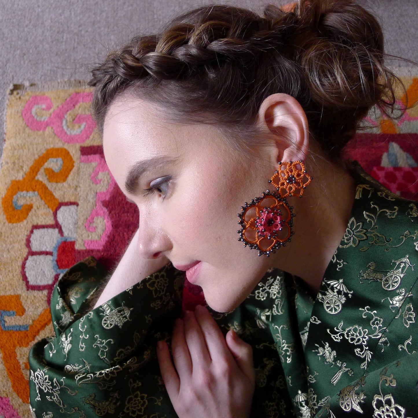 Vintage Bloom bi-tone lace earrings, orange fuchsia dark grey