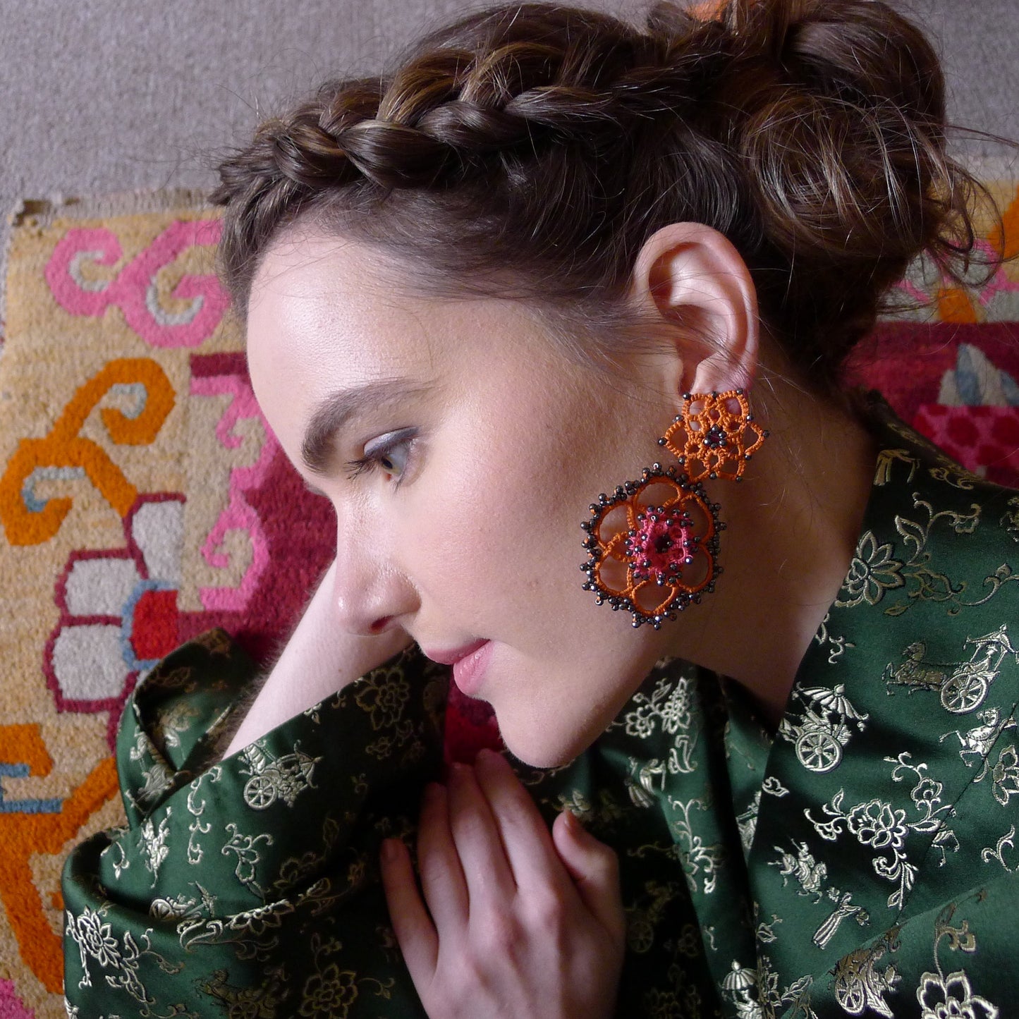 Vintage Bloom bi-tone lace earrings, orange brown bronze