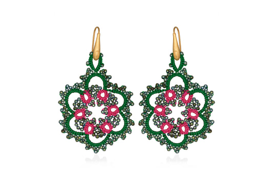 Vintage Flower bi-tone lace earrings, emerald green fuchsia