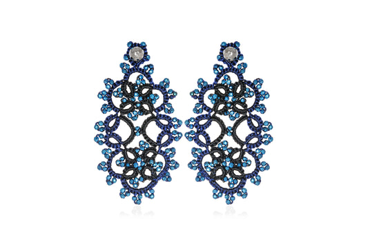 Art Deco bi-tone small lace earrings, black midnight blue