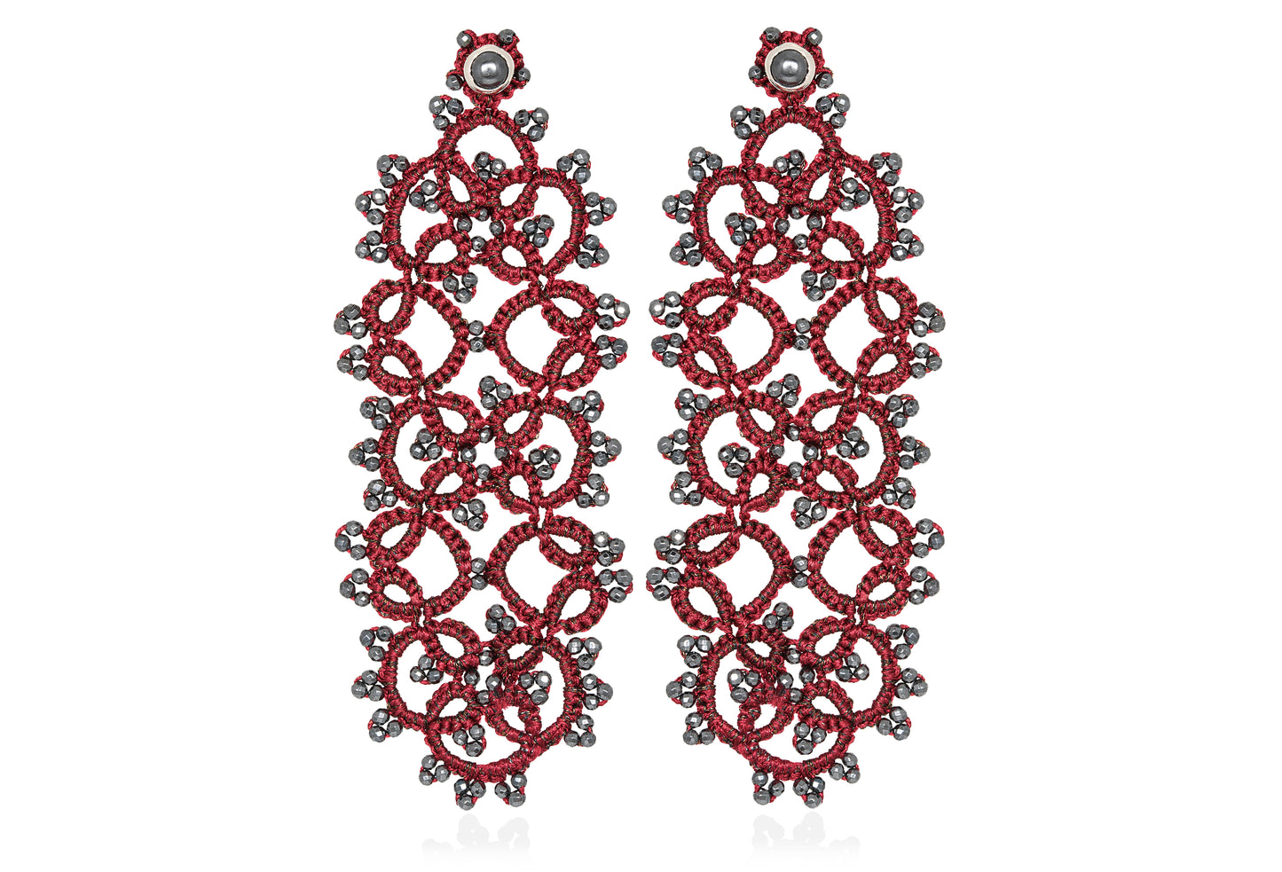 Art Deco large lace earrings, burgundy dark grey