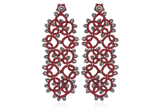 Art Deco large lace earrings, burgundy dark grey