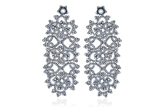 Art Deco large lace earrings, silver